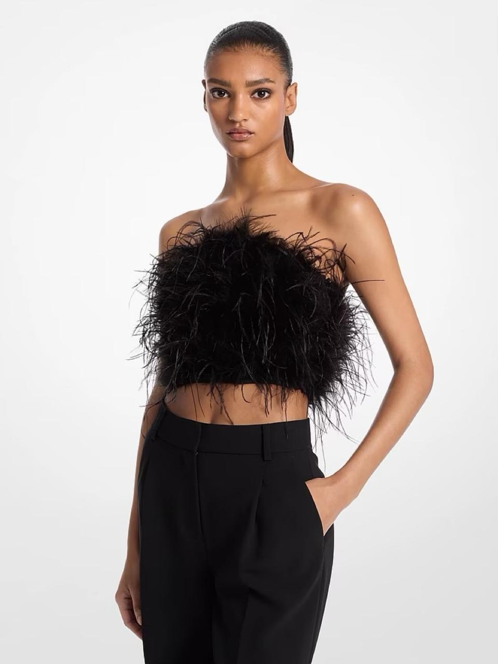 Michael Kors Black Feathered Strapless Crop Top
